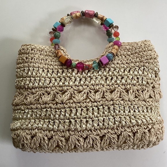 Cappelli Straworld Purse Handbag Round Beaded Jewel Handles Beige/Gold Lined - Picture 2 of 14